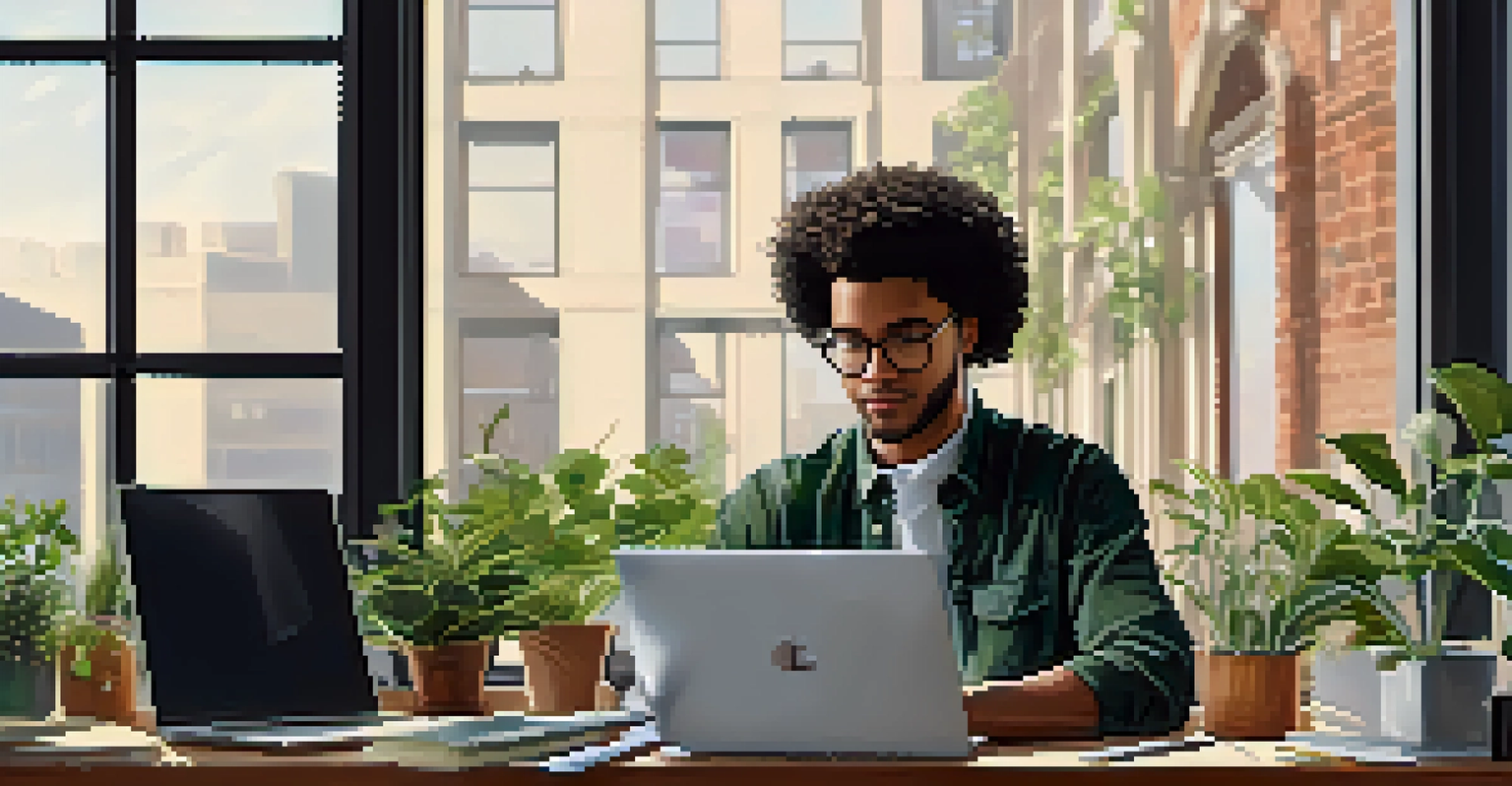 An entrepreneur working in a modern co-working space in Newark, surrounded by plants and natural light.