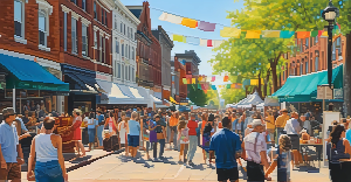 A vibrant Newark street filled with people enjoying an arts festival, featuring colorful art installations and street performers under a warm sun.