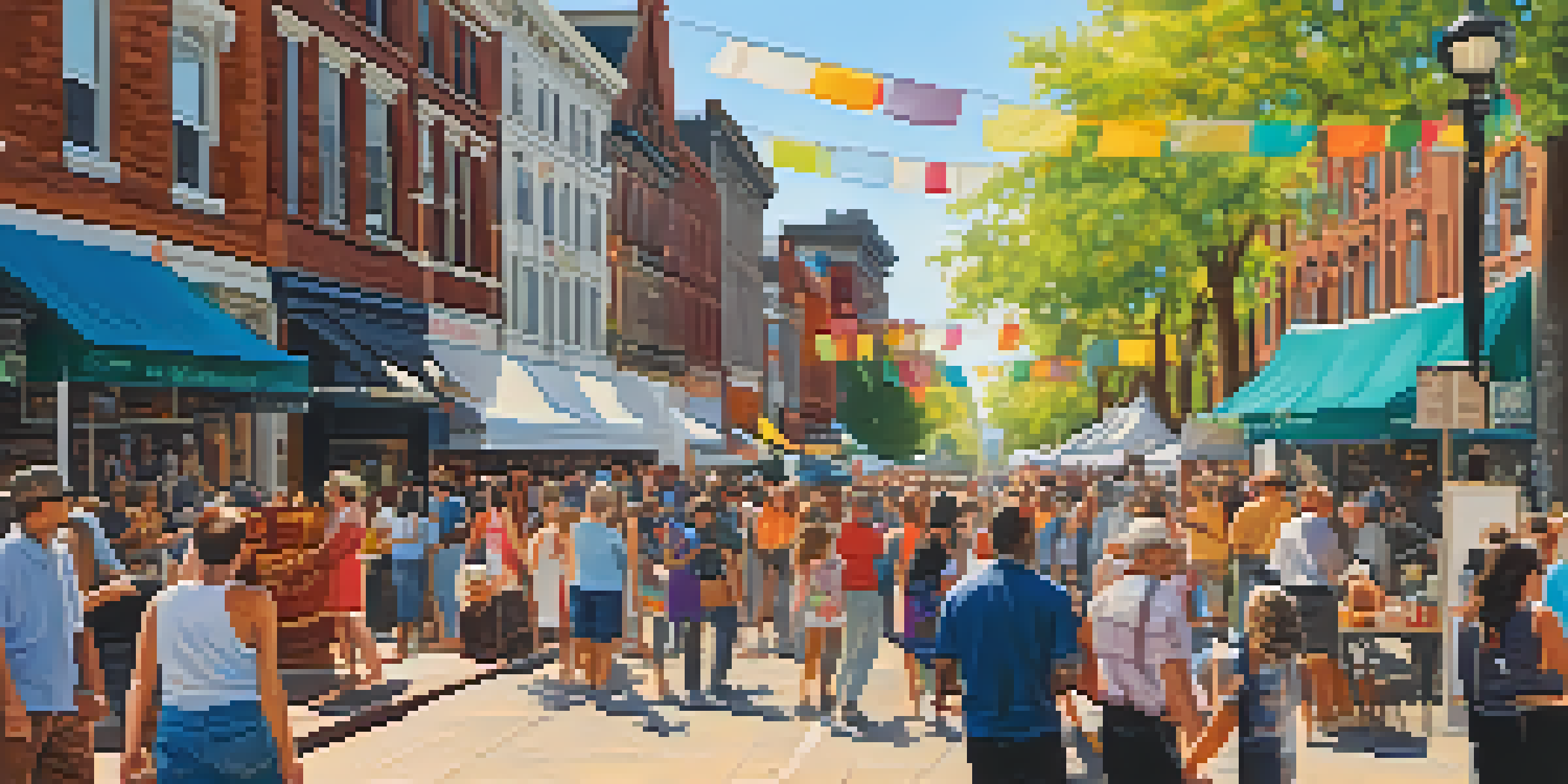 A vibrant Newark street filled with people enjoying an arts festival, featuring colorful art installations and street performers under a warm sun.