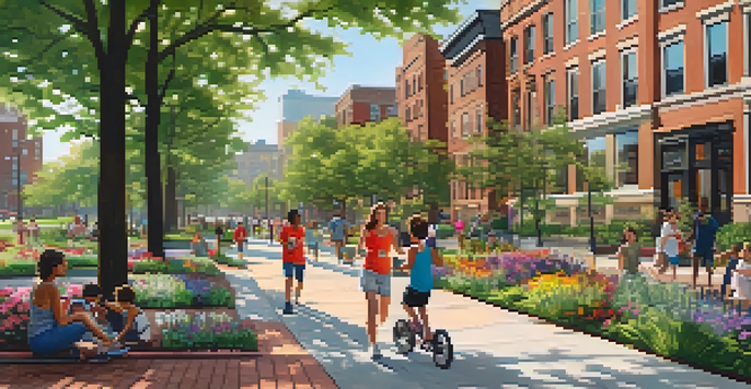 A lively urban park in Newark with families enjoying the outdoors, colorful flowers, a playground, and modern buildings in the background.