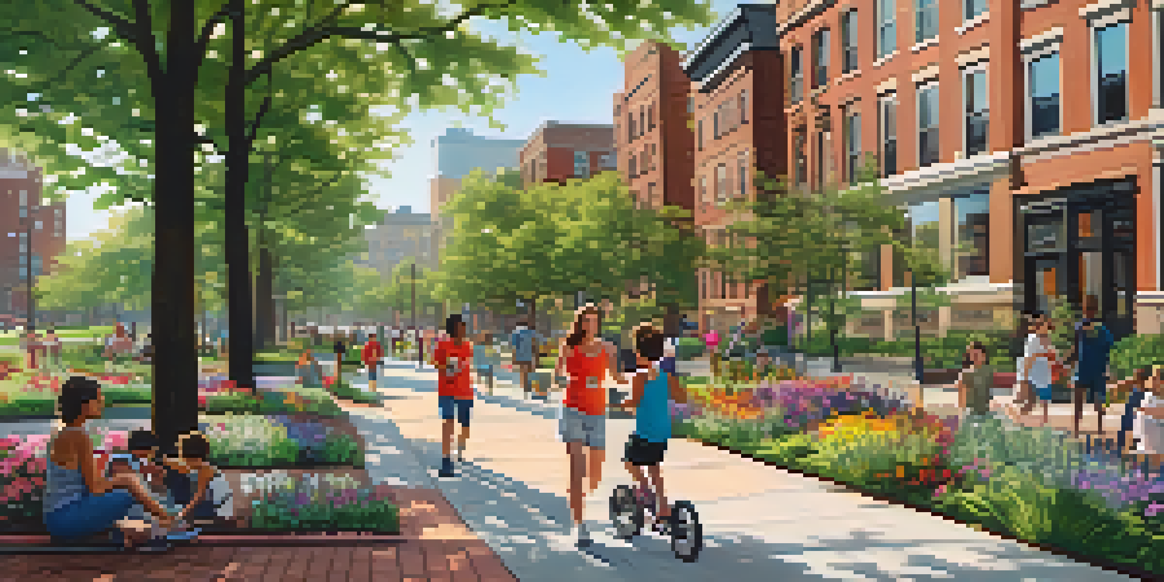 A lively urban park in Newark with families enjoying the outdoors, colorful flowers, a playground, and modern buildings in the background.