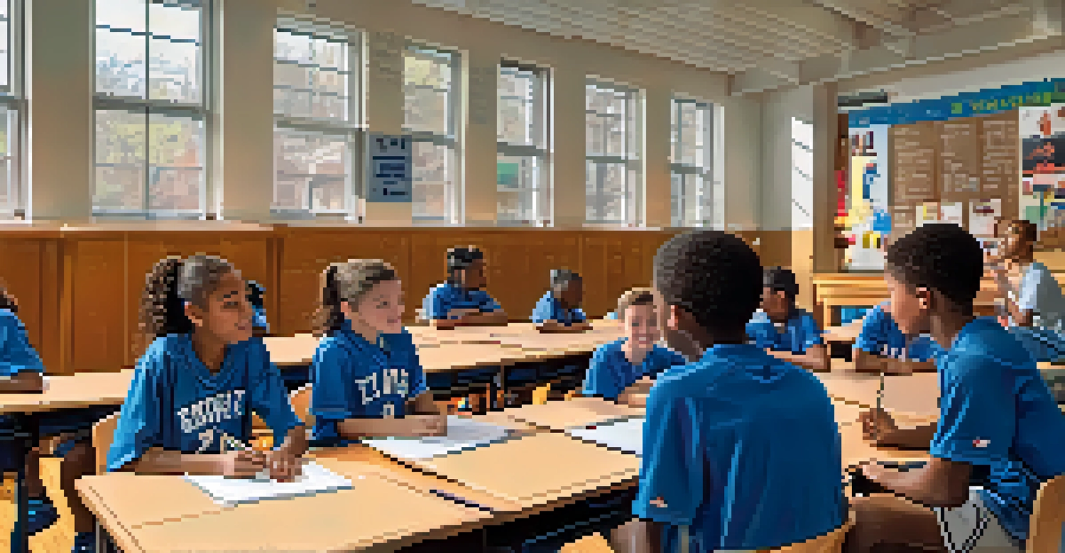 A Newark athlete speaking to students in a classroom filled with sports memorabilia, with students engaged and taking notes.