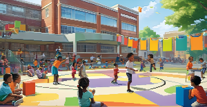 A lively scene of children participating in after-school programs, featuring a STEM project and basketball practice, under bright sunlight.