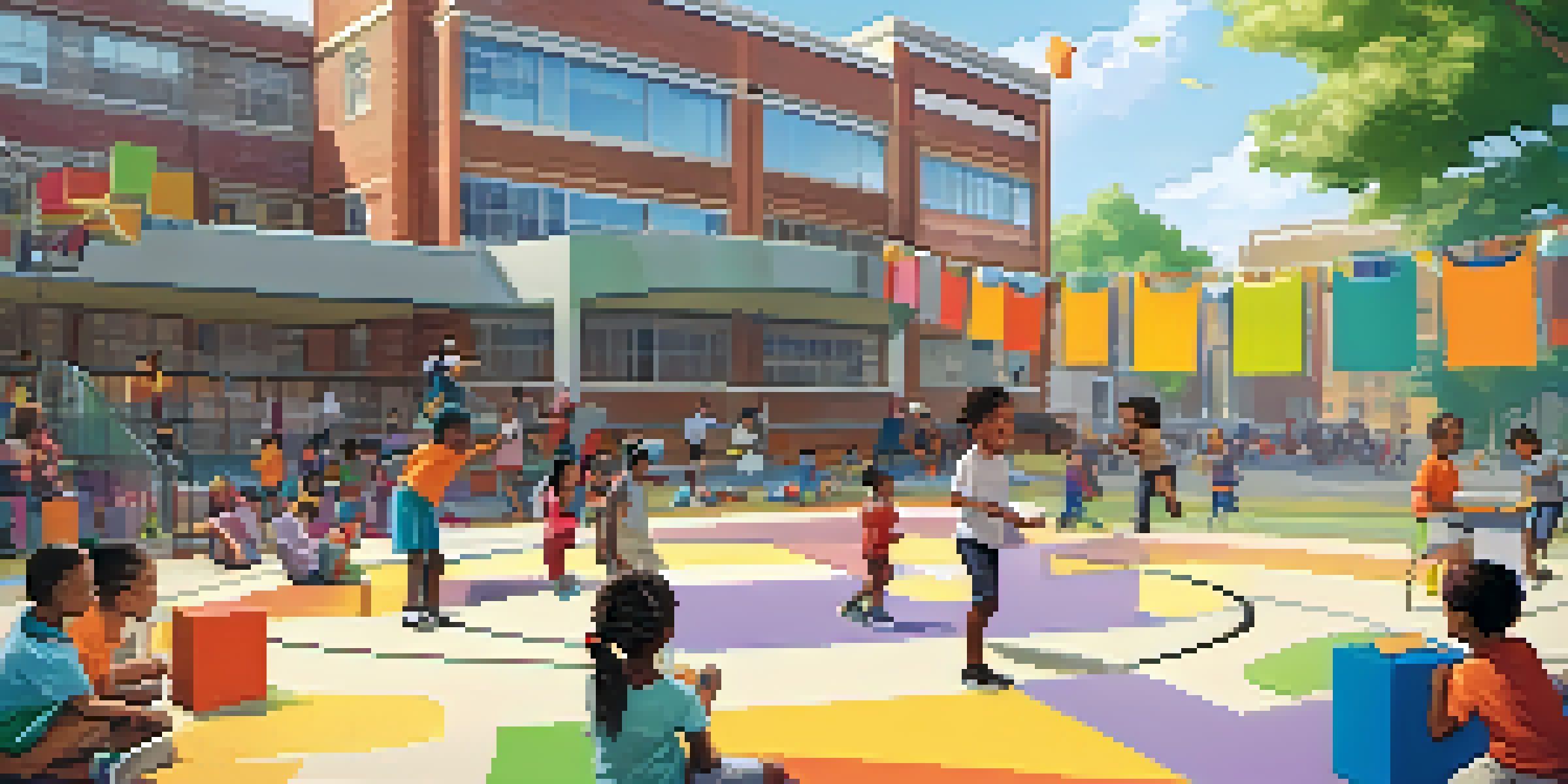 A lively scene of children participating in after-school programs, featuring a STEM project and basketball practice, under bright sunlight.