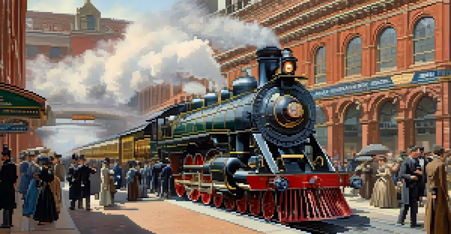 A grand mid-19th century train station in Newark with steam locomotives and passengers, showcasing vintage architecture.