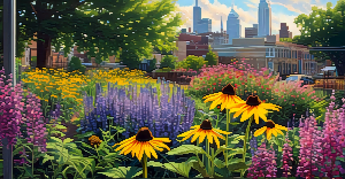 An urban garden filled with native plants, colorful wildflowers, and butterflies, with city buildings in the background and sunlight filtering through the leaves.
