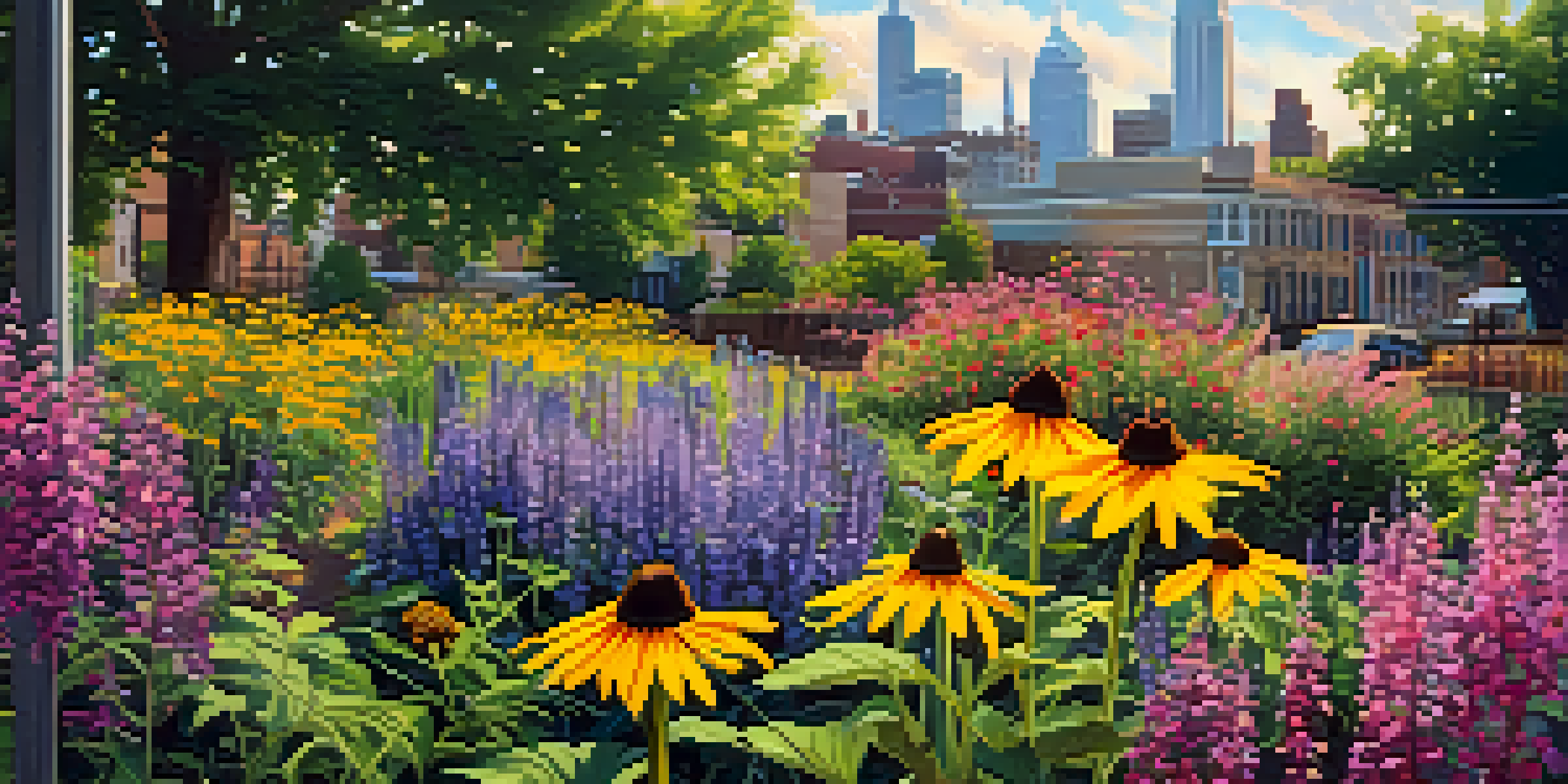 An urban garden filled with native plants, colorful wildflowers, and butterflies, with city buildings in the background and sunlight filtering through the leaves.