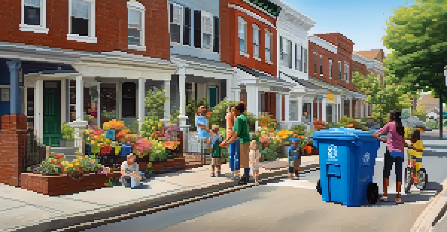 A family in Newark properly disposing of recyclables in a blue recycling bin with a clean street and flowers in the background.