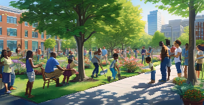 A lively park in Newark with residents planting trees together, surrounded by greenery and sunlight.