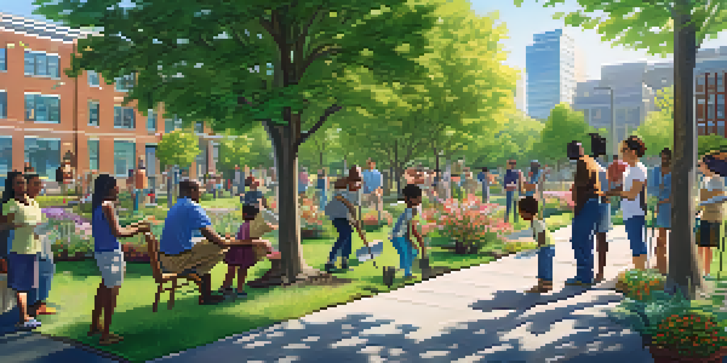 A lively park in Newark with residents planting trees together, surrounded by greenery and sunlight.