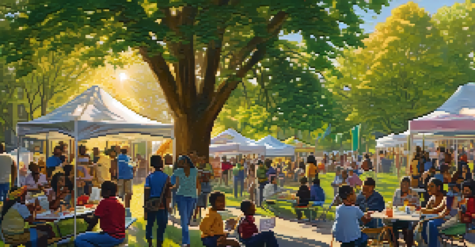 A diverse group of residents enjoying a community gathering in a park, with colorful banners and a food vendor present.