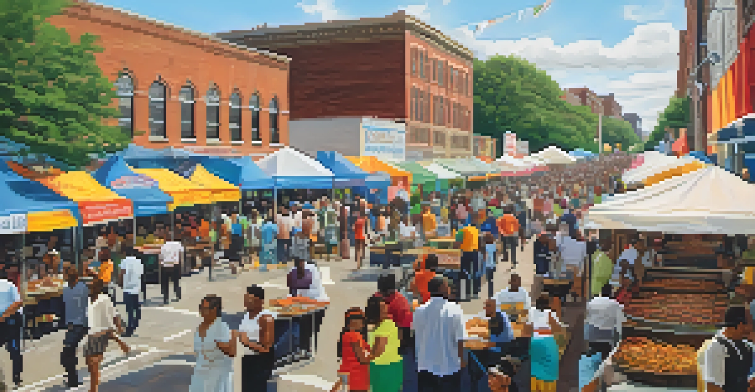 A lively scene at the Newark Food Festival with diverse food stalls and attendees enjoying various cuisines and live music.