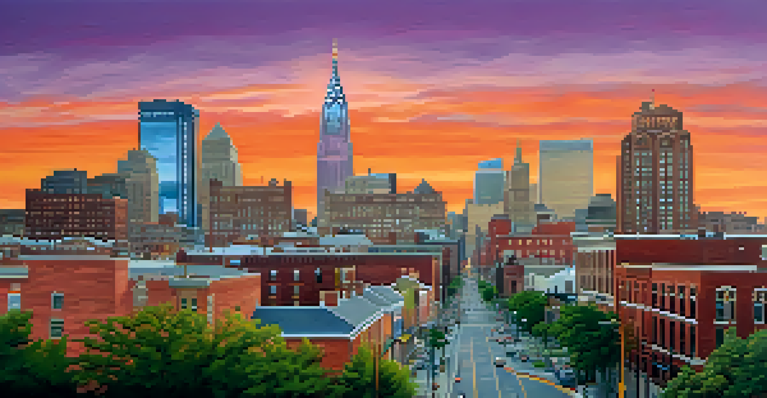 Newark's skyline at sunset with historic and modern buildings, and a colorful mural representing cultural diversity in the foreground.