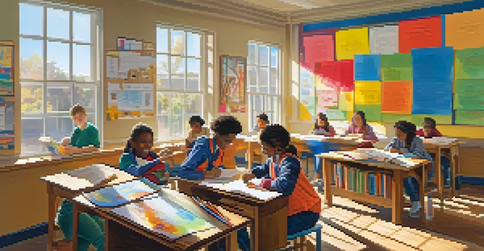 A diverse group of students working together on a project in a bright classroom filled with natural light and educational materials.
