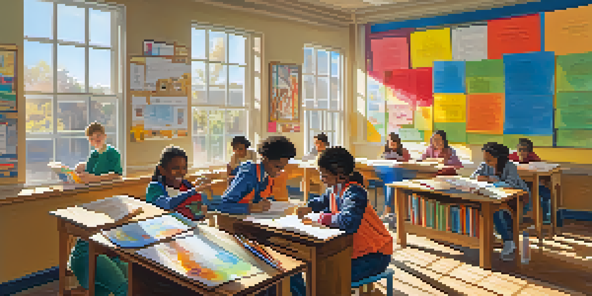 A diverse group of students working together on a project in a bright classroom filled with natural light and educational materials.