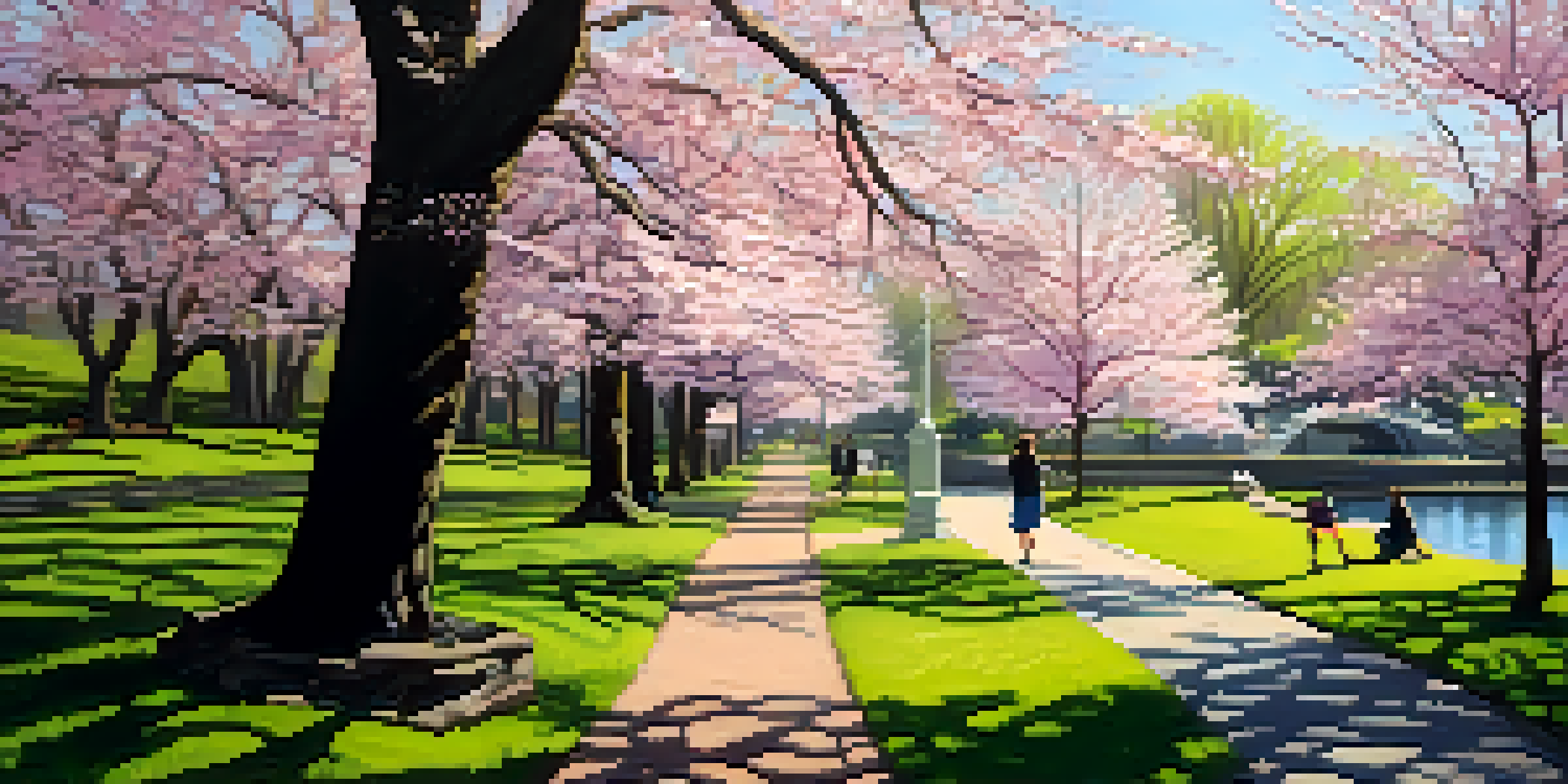 A picturesque park scene featuring cherry blossom trees in bloom, sunlight filtering through the branches, and a winding pathway.
