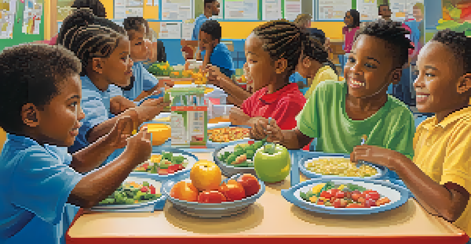 Children in a Newark school cafeteria participating in a nutrition education program, surrounded by colorful posters about healthy eating and tasting fresh fruits and vegetables.