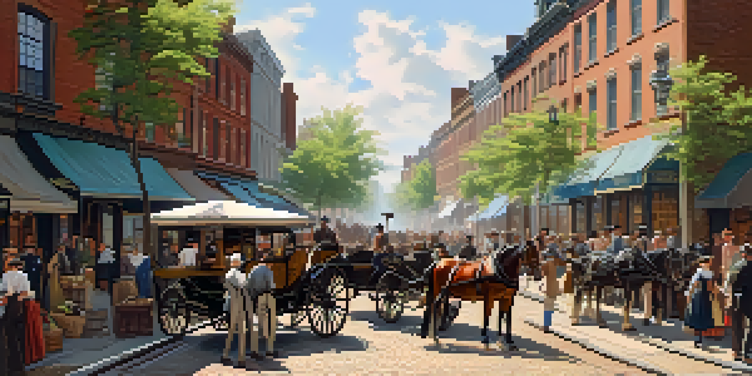 A lively street scene in early 19th century Newark featuring horse-drawn carriages and merchants, with sunlight filtering through trees.