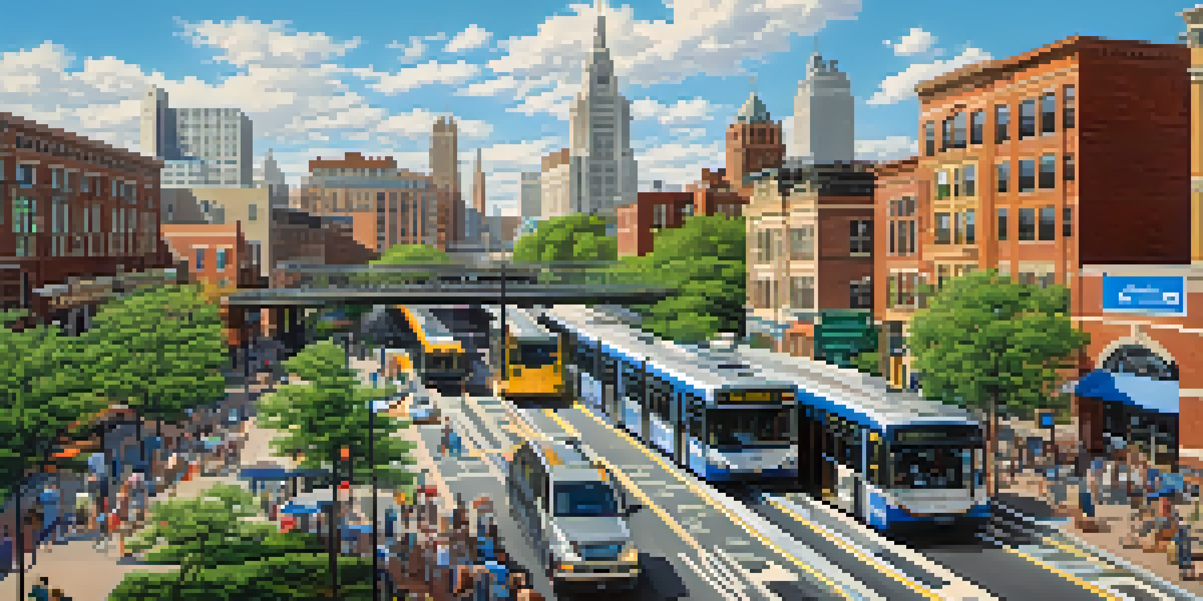 A lively Newark cityscape with modern public transport options like buses and light rails, surrounded by greenery and a clear blue sky.