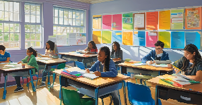 A lively classroom with diverse students participating in a tutoring session, with a tutor helping a student at a bright, well-decorated desk.