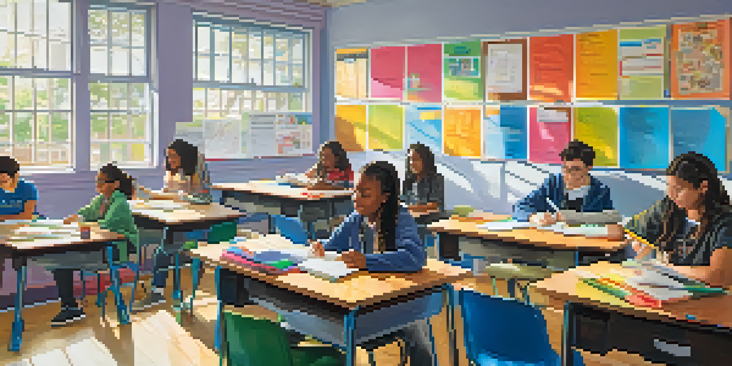 A lively classroom with diverse students participating in a tutoring session, with a tutor helping a student at a bright, well-decorated desk.