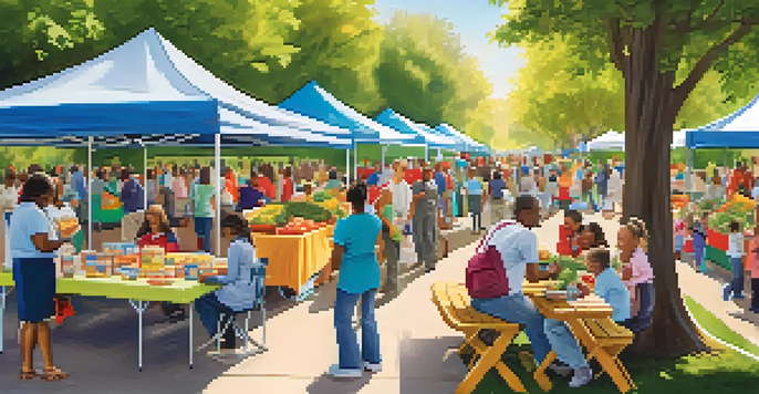 A lively community health fair with families and children enjoying the day, surrounded by colorful booths focusing on health and nutrition.