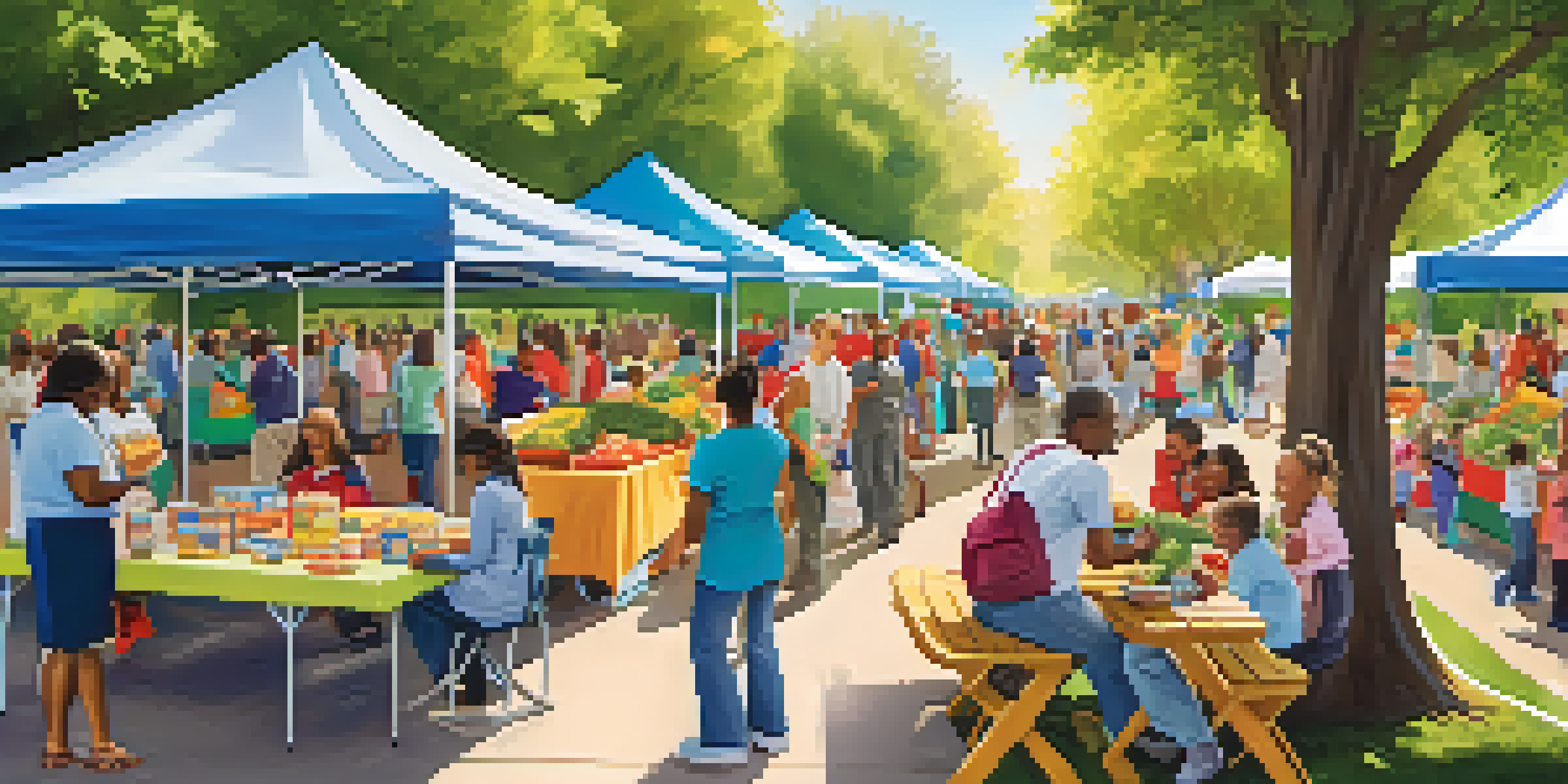 A lively community health fair with families and children enjoying the day, surrounded by colorful booths focusing on health and nutrition.