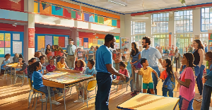 A group of parents and teachers talking together in a school gym, with children playing in the background and colorful decorations.