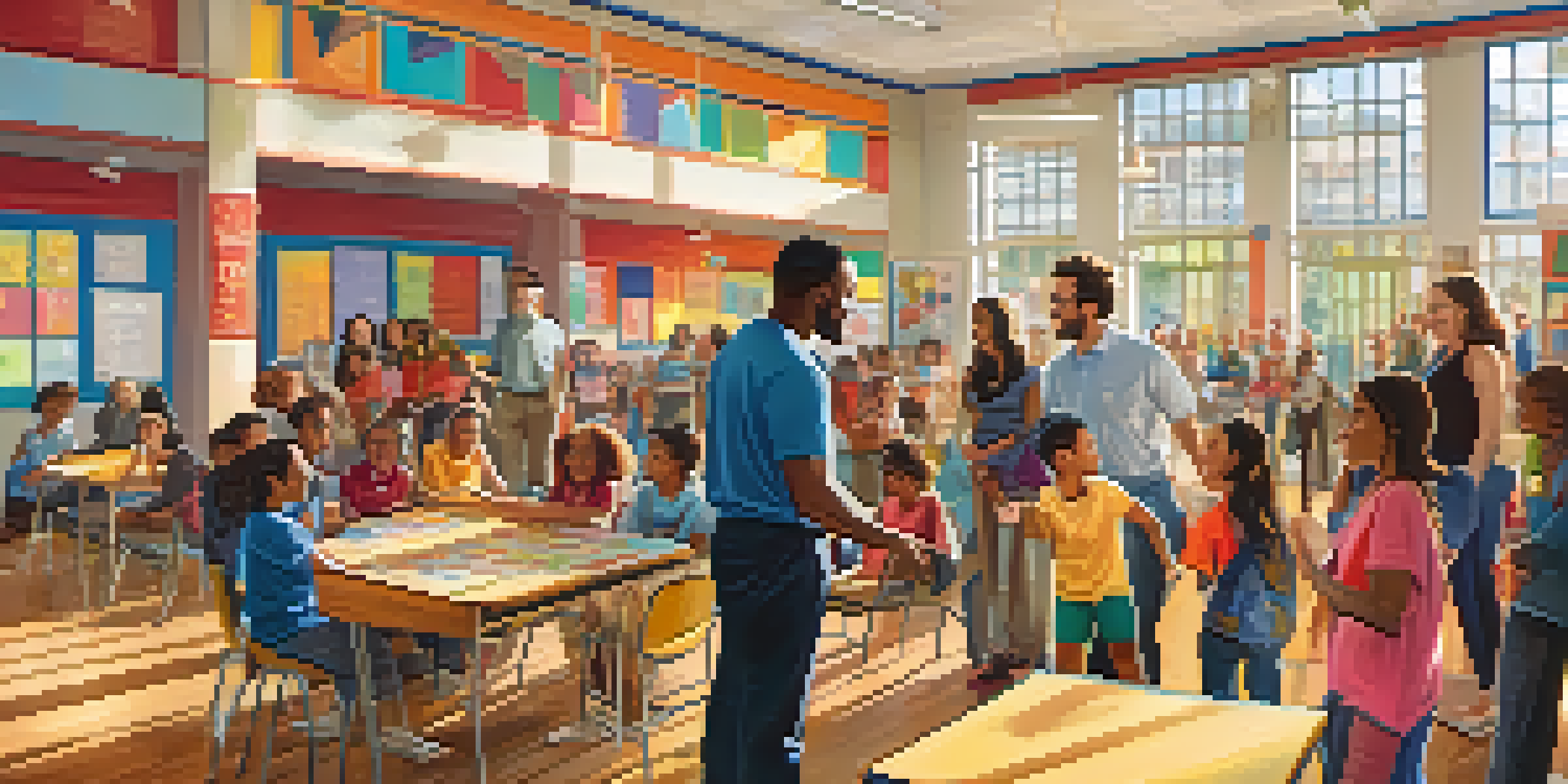 A group of parents and teachers talking together in a school gym, with children playing in the background and colorful decorations.