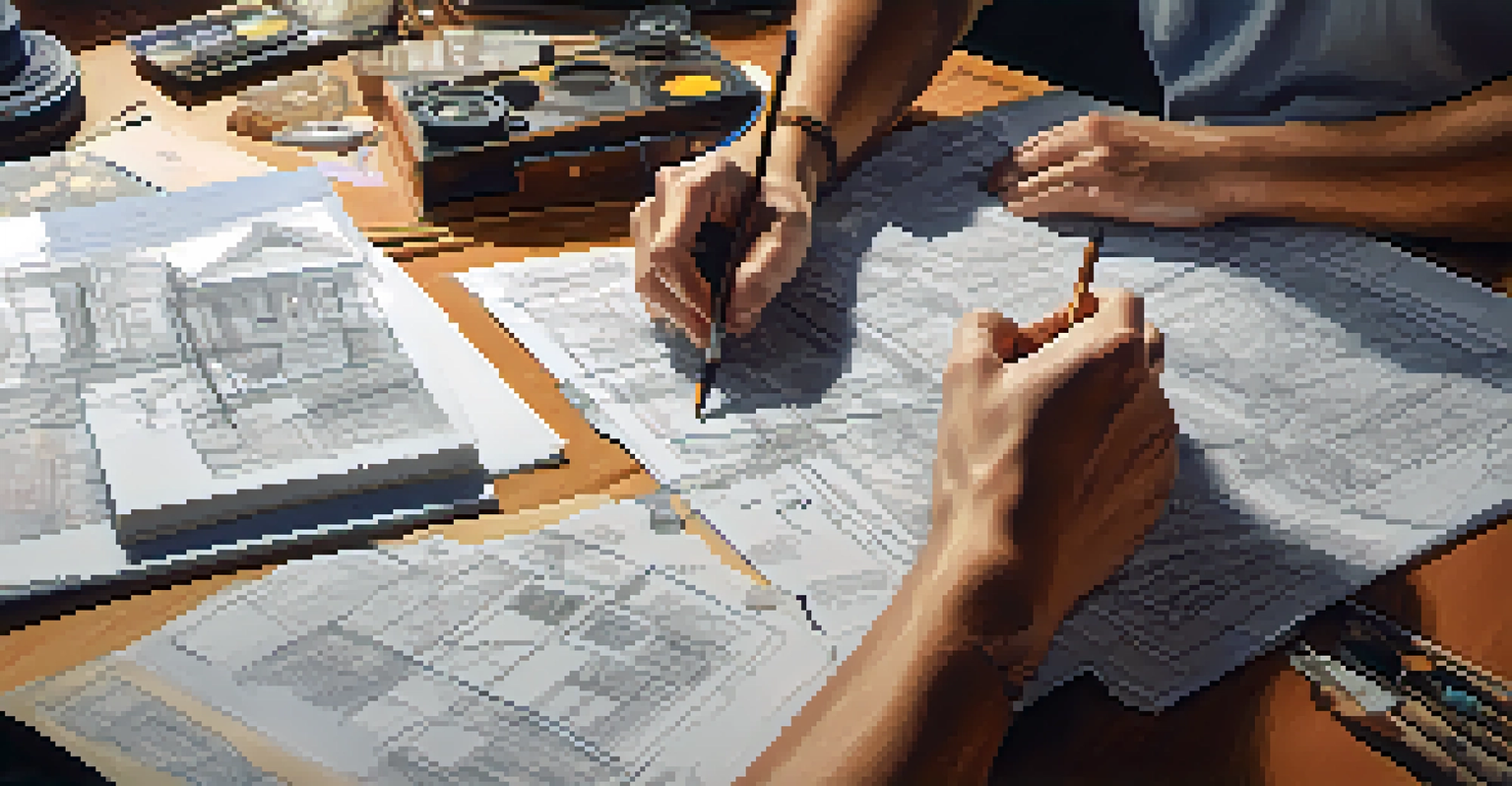 Close-up of a filmmaker's hands creating a storyboard, surrounded by notes and sketches, with natural light illuminating the workspace.