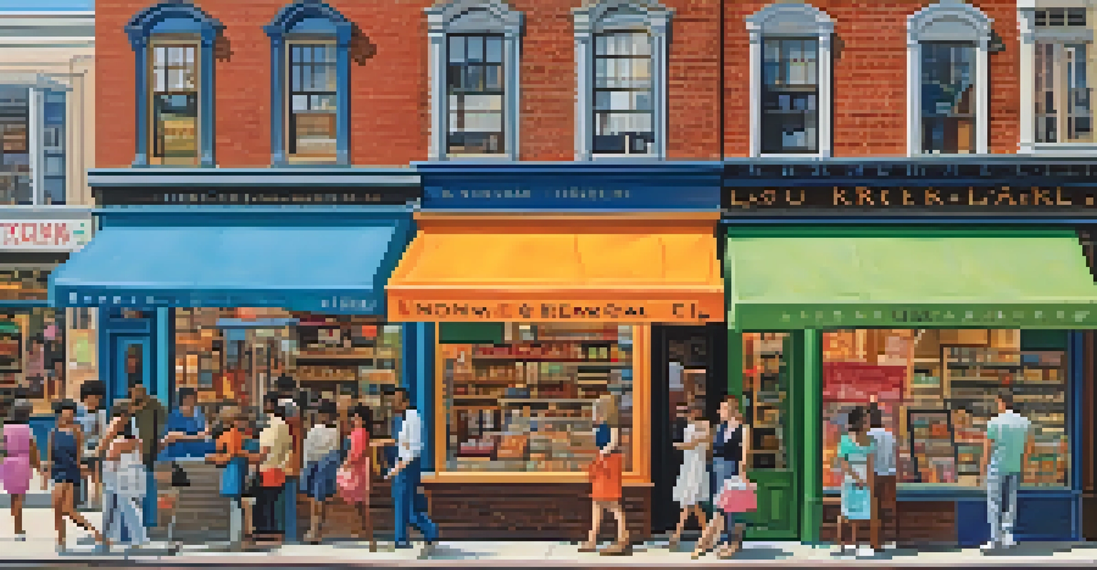 A vibrant street scene in Newark featuring diverse shops and people engaging in shopping and socializing.