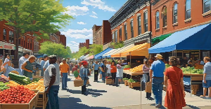 A lively farmer's market in Newark with diverse people, colorful stalls, and historic buildings in the background under a sunny sky.