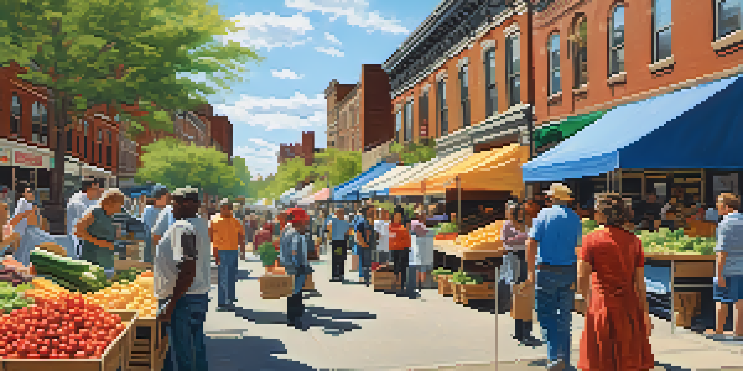 A lively farmer's market in Newark with diverse people, colorful stalls, and historic buildings in the background under a sunny sky.