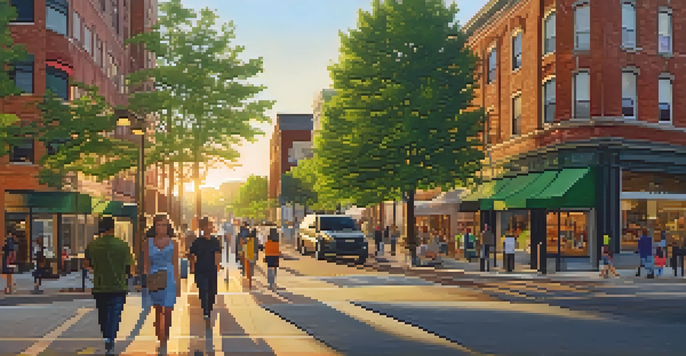 A busy street in Newark with people walking, shops, cafes, and trees lining the sidewalk during golden hour.