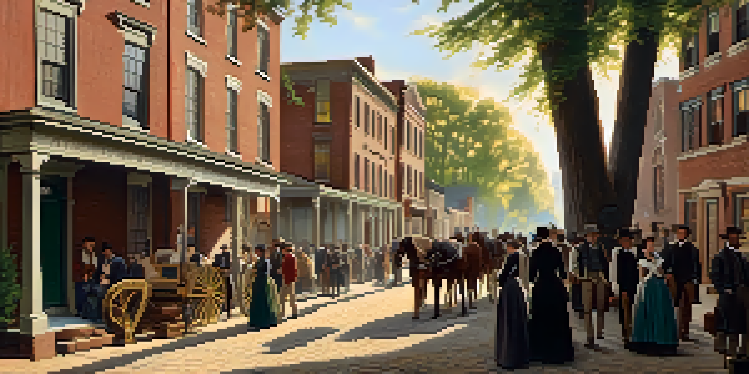 A historic scene in Newark featuring a diverse group of people including abolitionists and escaped slaves near a safe house, with 19th-century architecture and warm afternoon light.