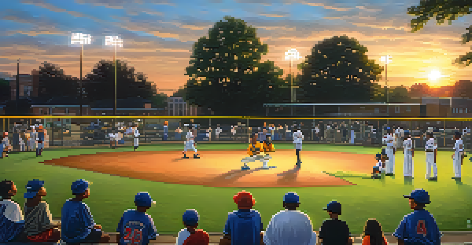 Former Newark Bears players mentoring young children at a community baseball clinic, with a warm sunset in the background.
