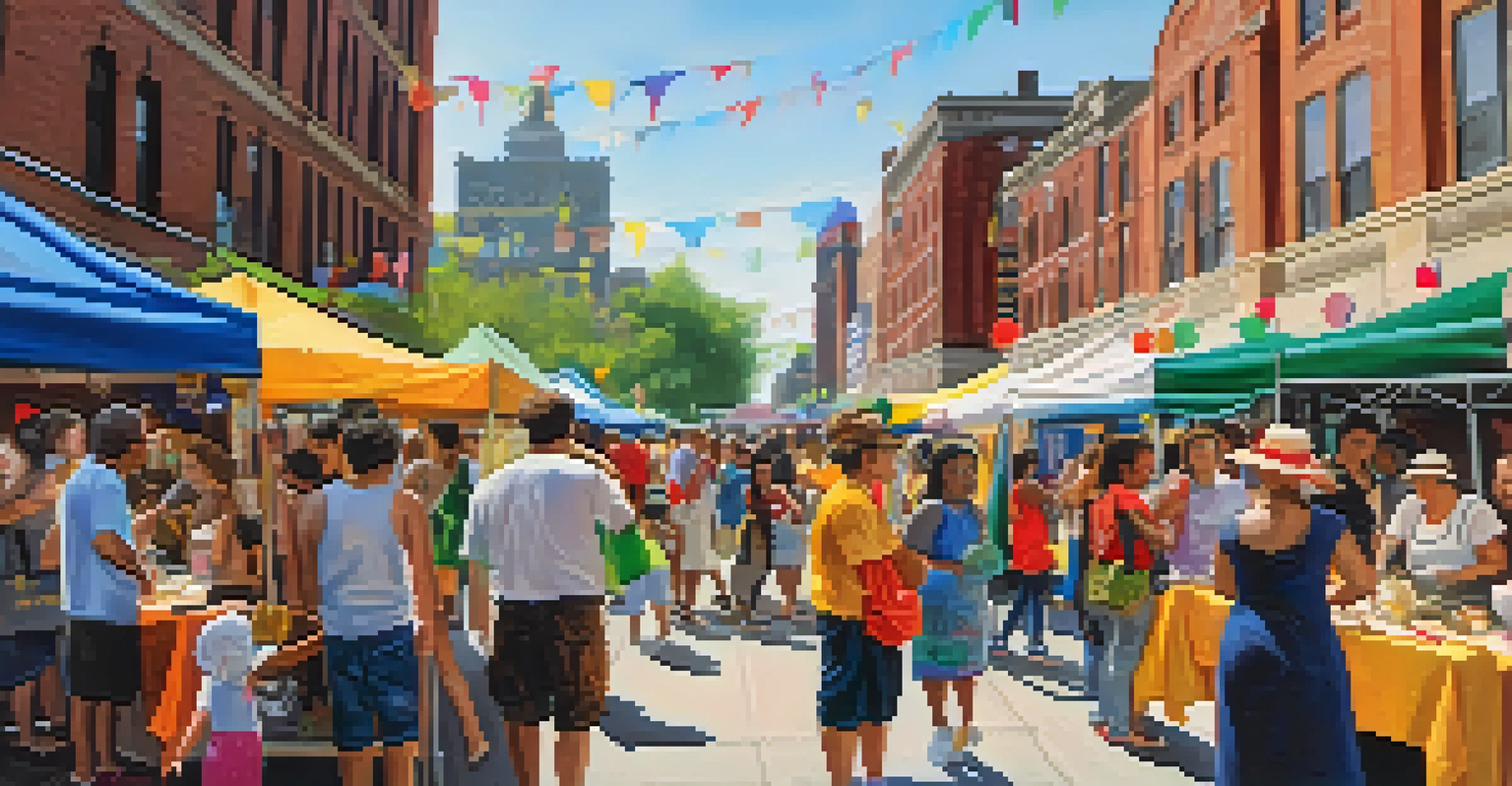 A vibrant scene at the Newark Arts Festival with artists displaying their works, attendees participating in workshops, and live performances creating an exciting atmosphere.