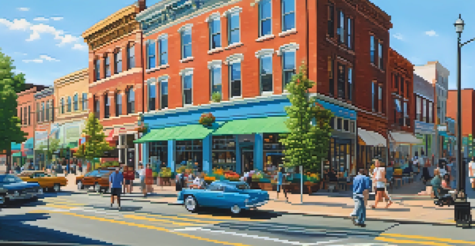 A bustling urban street in Newark with people at outdoor cafes, colorful murals, and green spaces under a clear blue sky.