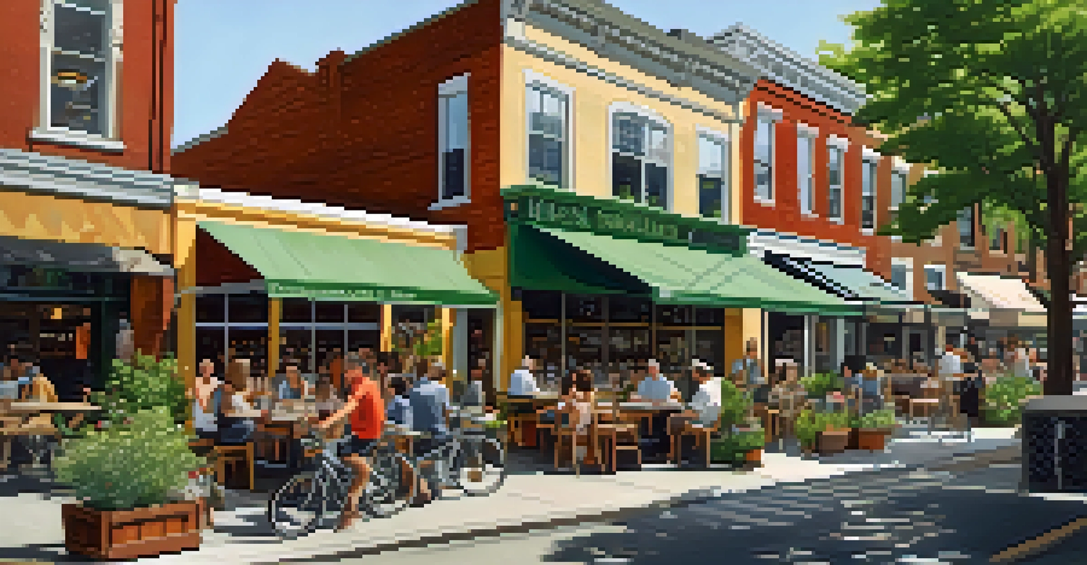 A lively Newark street with local businesses, outdoor seating, bicycles, and solar panels, under sunny weather.