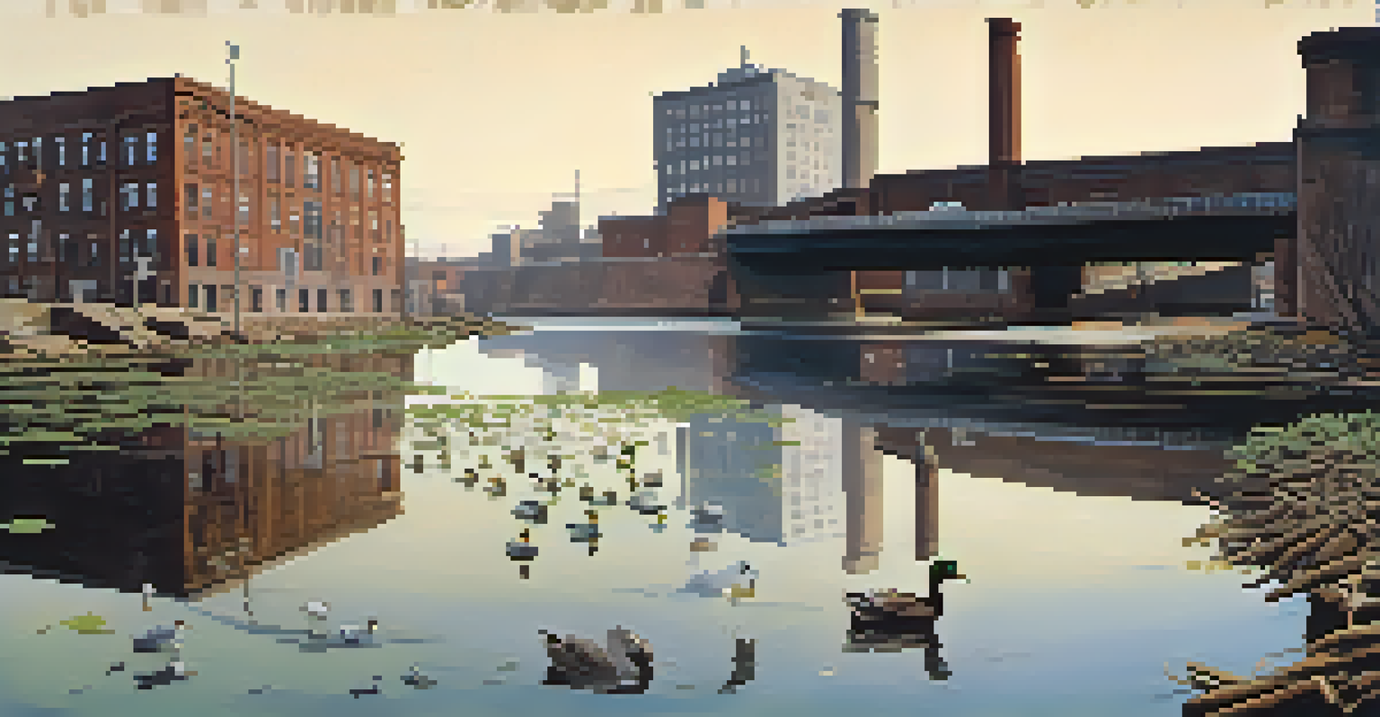 A polluted river in Newark with murky water, debris, and a warning sign, showing the effects of pollution on wildlife.