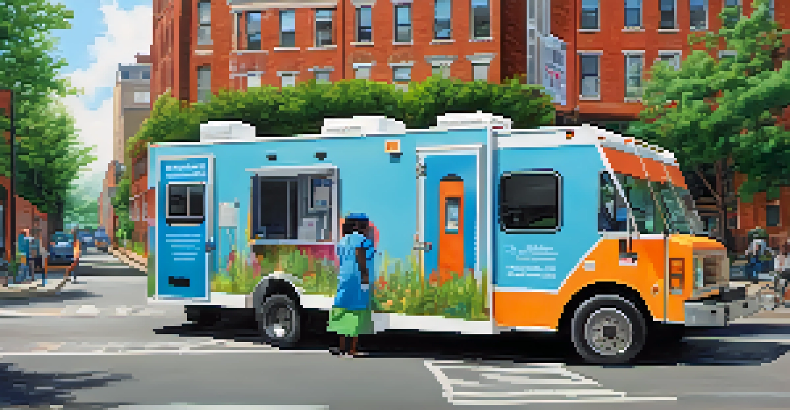 A mobile health clinic in Newark offering services to residents on a city street, with healthcare professionals assisting.