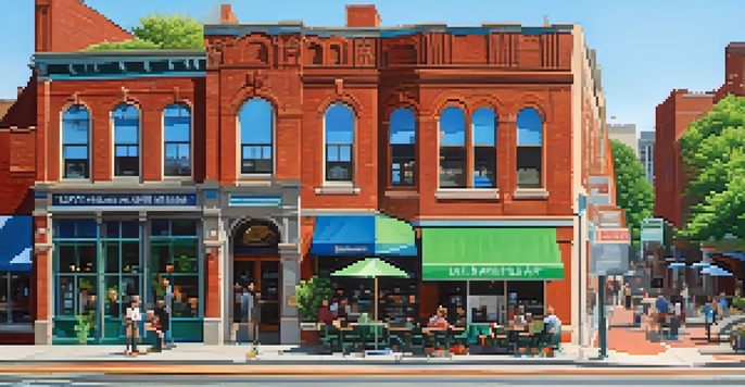 A bustling street in Newark with a renovated café and contrasting older buildings, surrounded by trees and people enjoying the space.