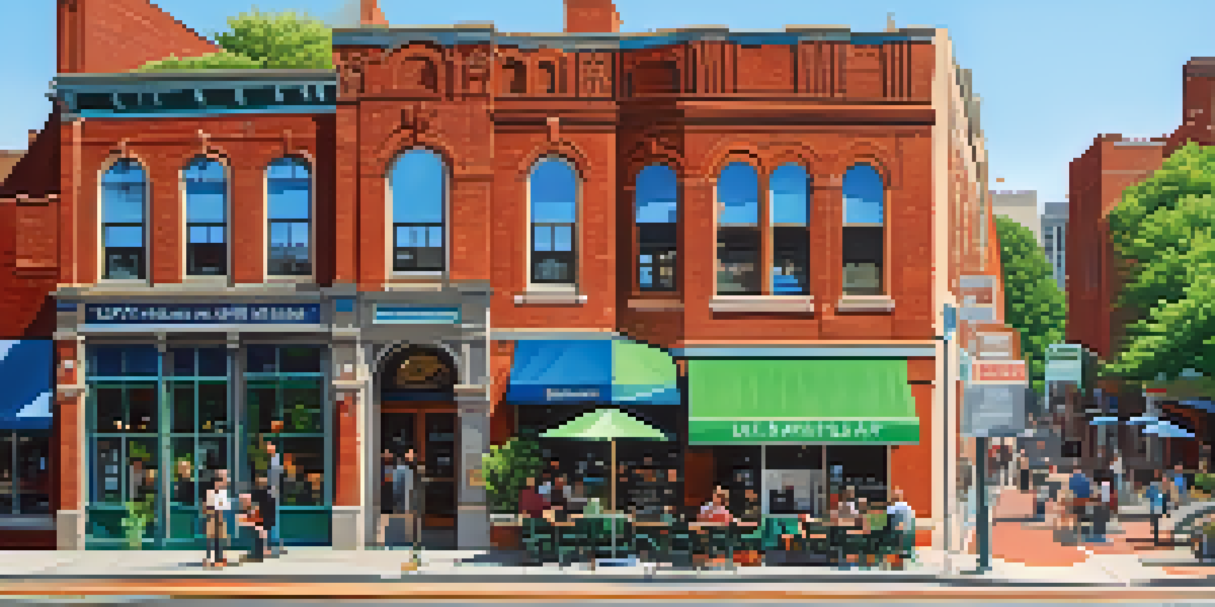 A bustling street in Newark with a renovated café and contrasting older buildings, surrounded by trees and people enjoying the space.