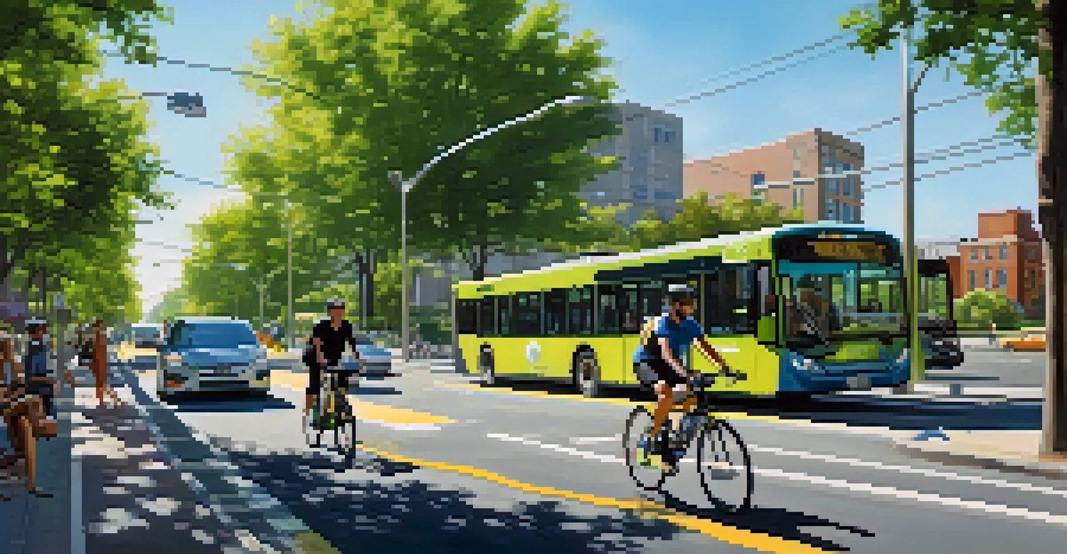 A cyclist in a dedicated bike lane in Newark with green trees and modern electric buses in the background, illustrating sustainable transportation.