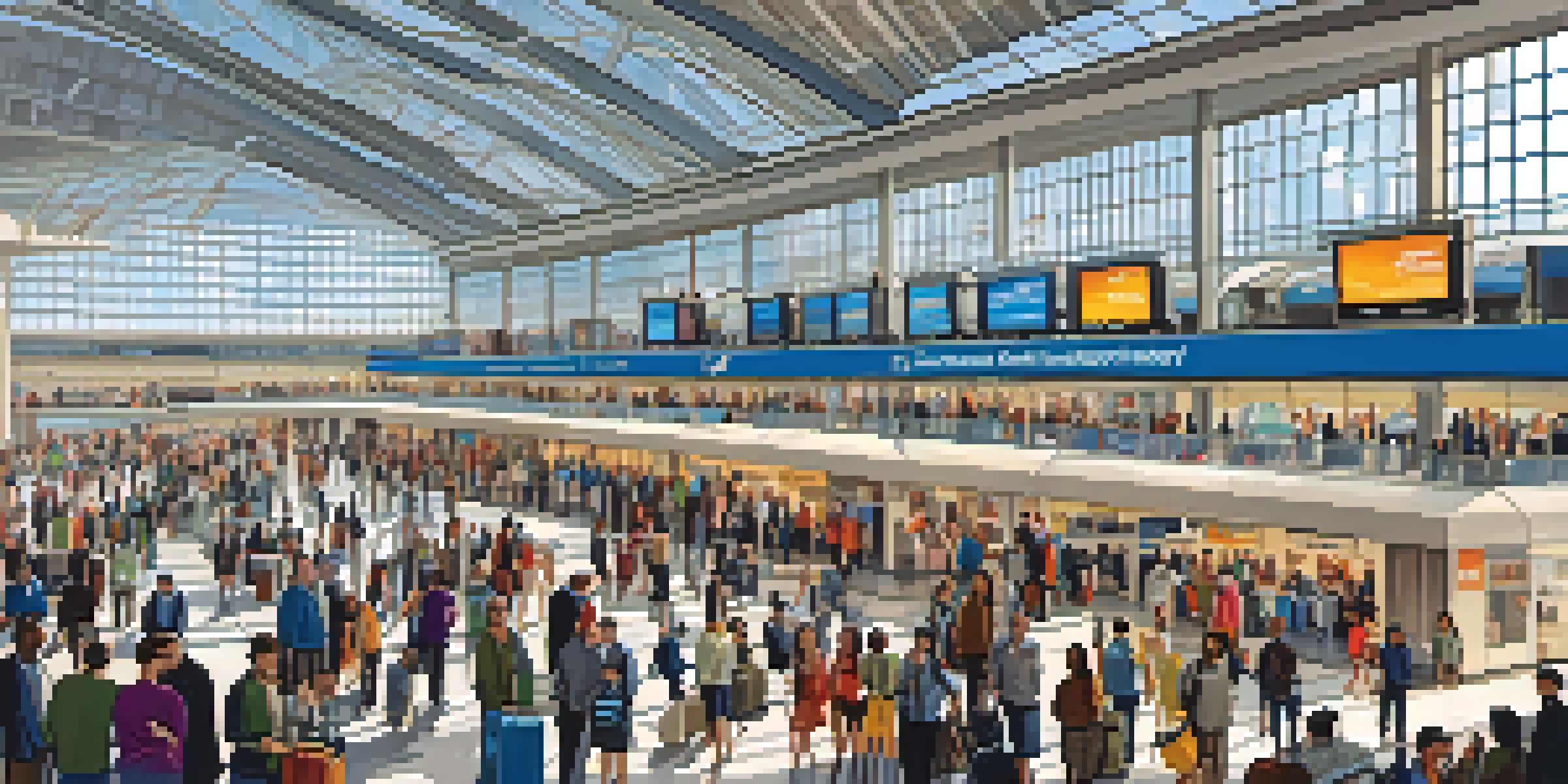 A busy airport terminal with travelers, bright glass windows, and modern architecture.