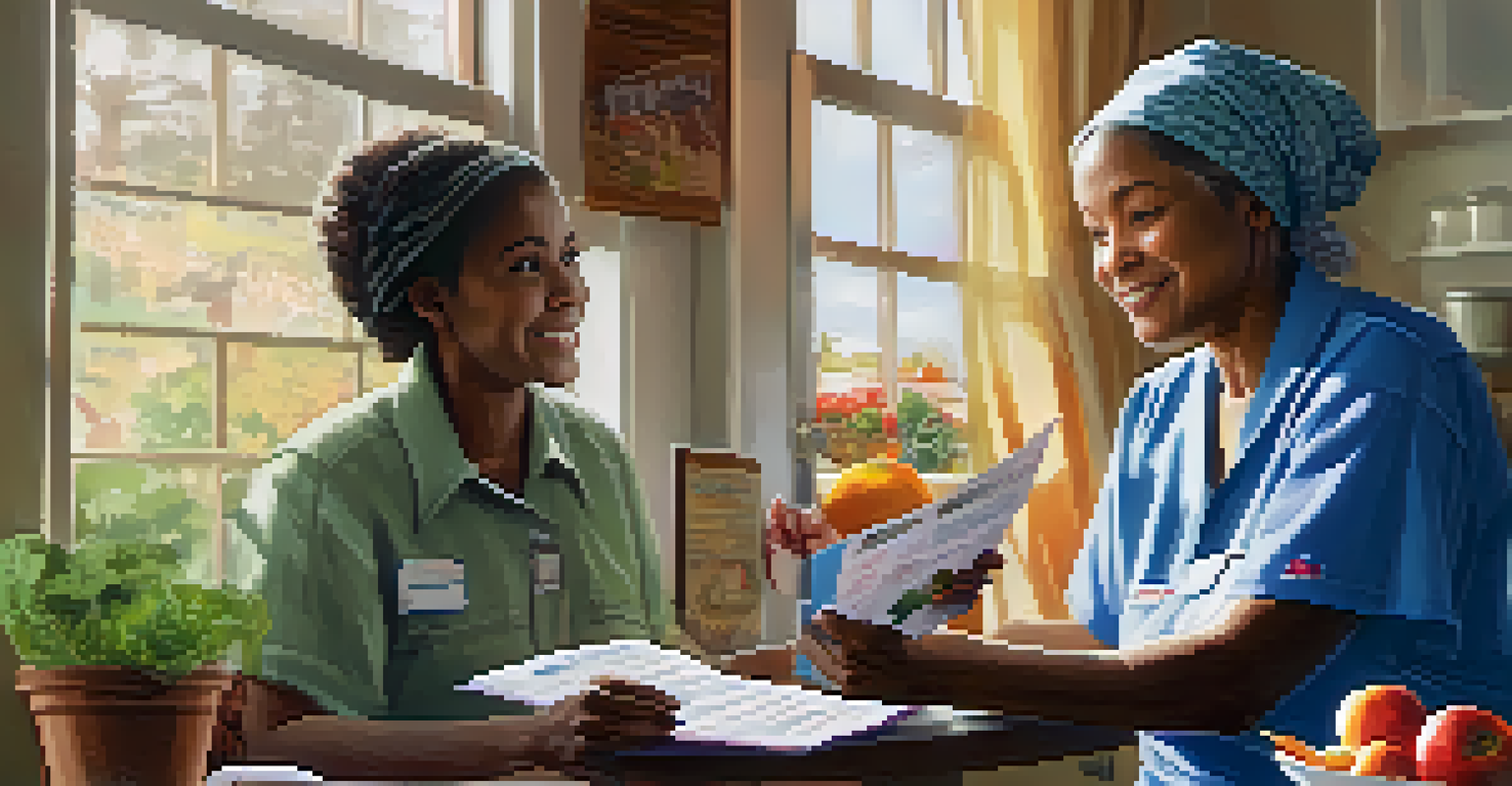 A Community Health Worker discussing diabetes awareness with a resident in a cozy home setting filled with fresh fruits and vegetables.