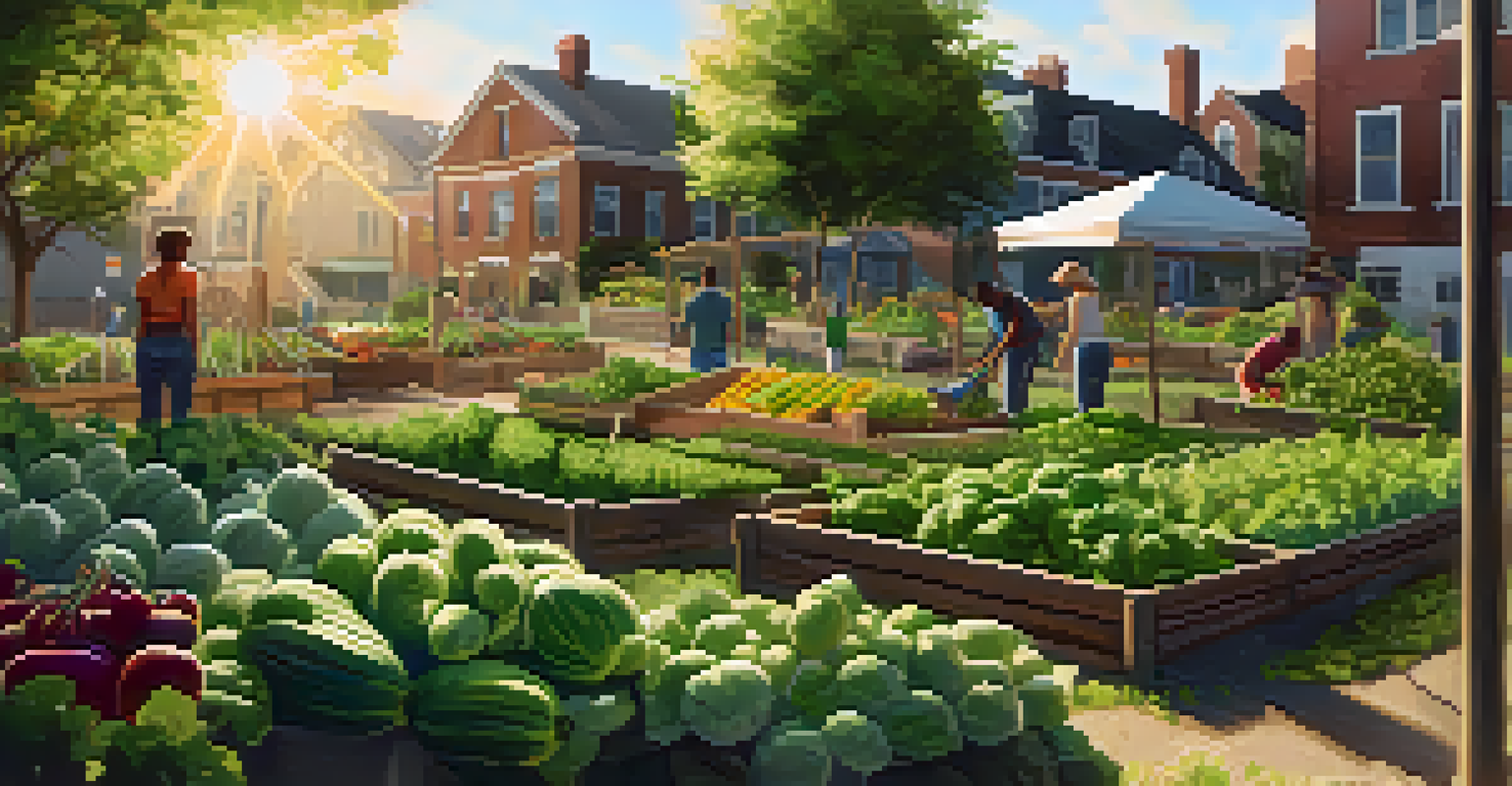 An urban community garden in Newark with residents tending to fresh vegetables and fruits, surrounded by lush greenery and a wooden sign that reads 'Community Garden.'