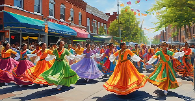 A lively street festival in Newark with dancers in diverse costumes, food stalls, and a cheerful crowd enjoying the atmosphere under warm sunlight.