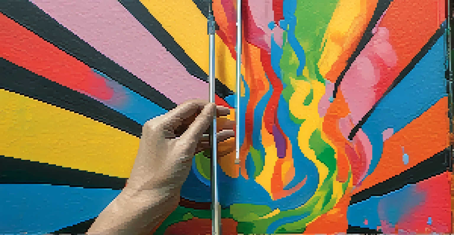 A close-up of a street artist painting a mural, capturing their hands and vibrant colors.