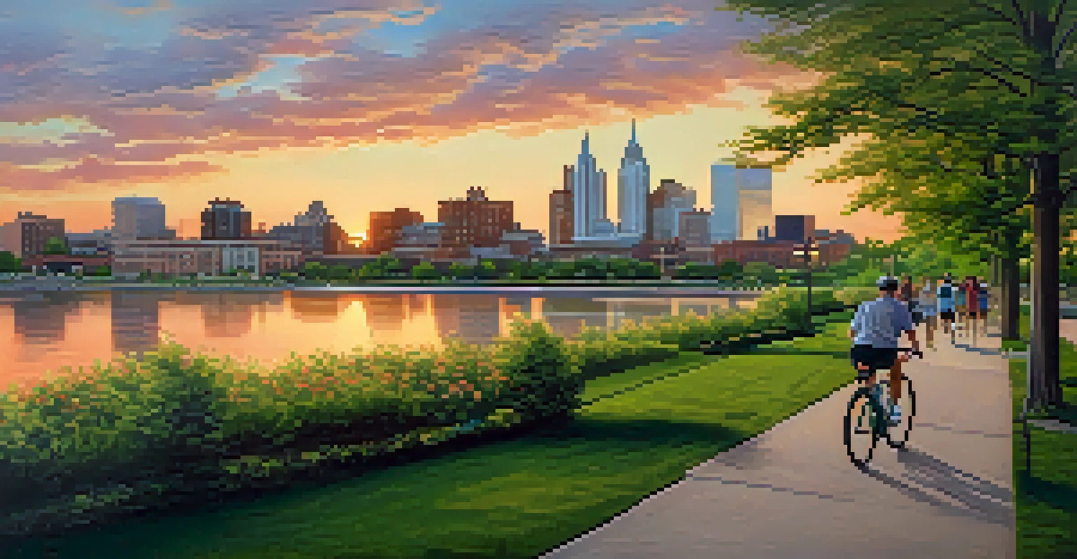 A scenic view of Newark's riverfront with people exercising and the skyline in the background at sunset.
